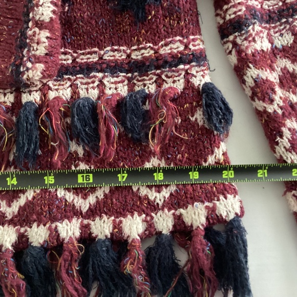 Anthropologie Moth Veras Fringed Cardigan Aztec Knit Sweater XS Burgundy - Picture 5 of 12